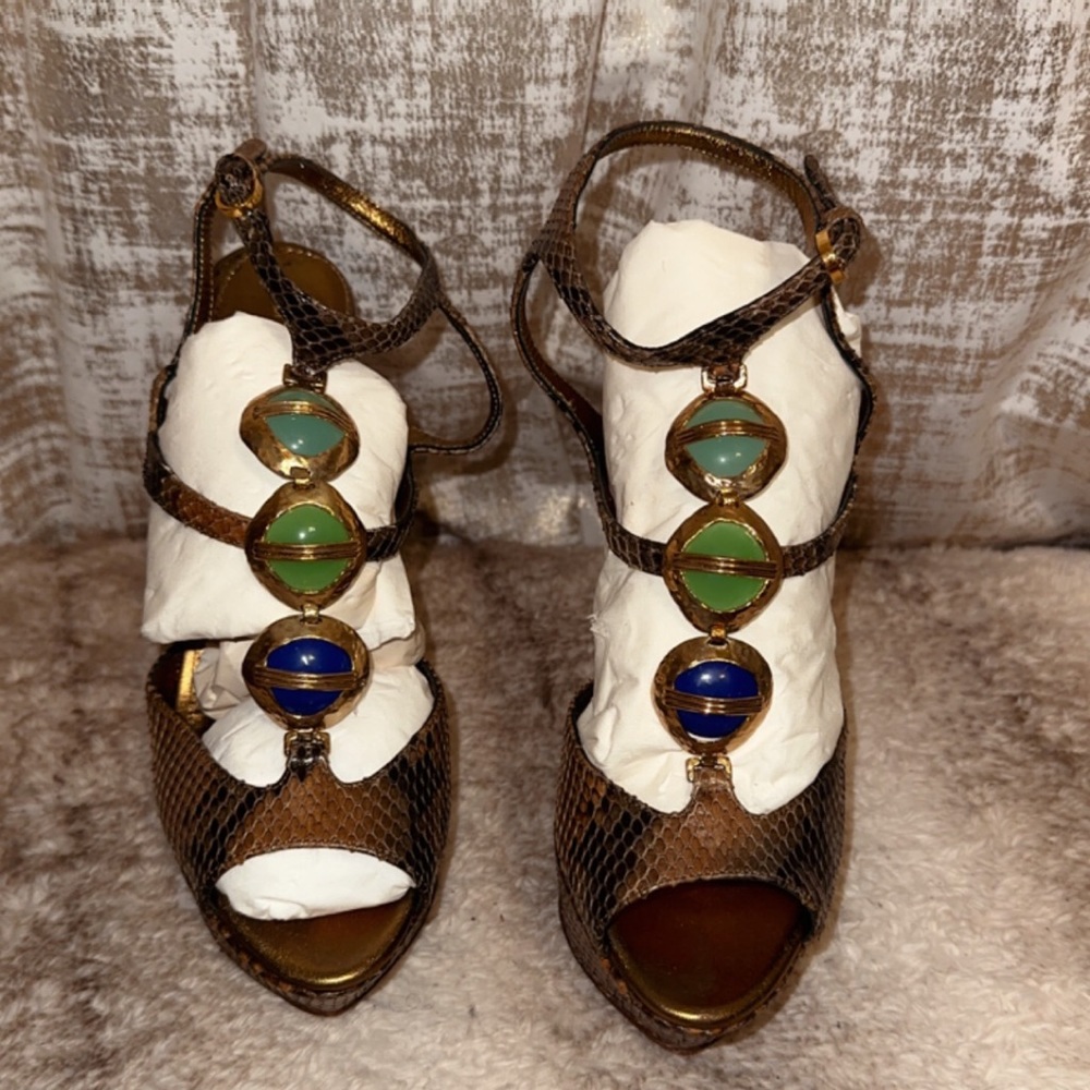 Sergio Rossi Python Print Jewel Platform Sandals